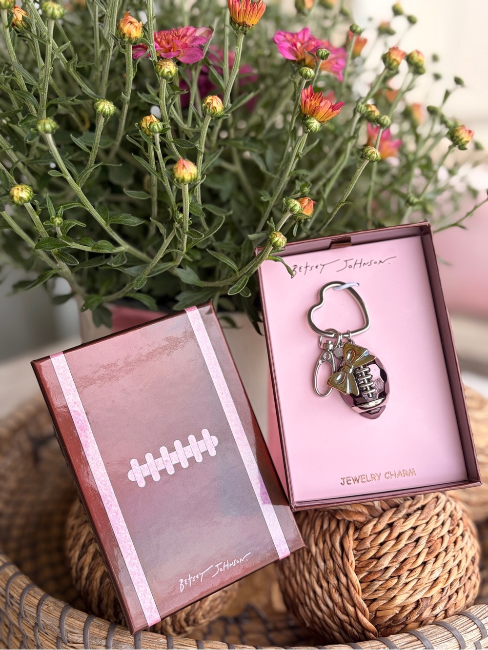 Betsey Johnson Silver & Gold
Football Keychain Charm - Pink
Box